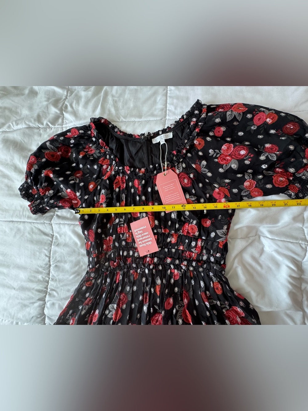 Ivy City Co Black Maxi Dress with Red Floral Print and silver polka dots. - Picture 7 of 10